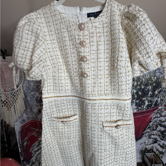Simply Southern Scalloped Cream Tweed Dress with Puffy Sleeves NWT Size Medium - Picture 4 of 17